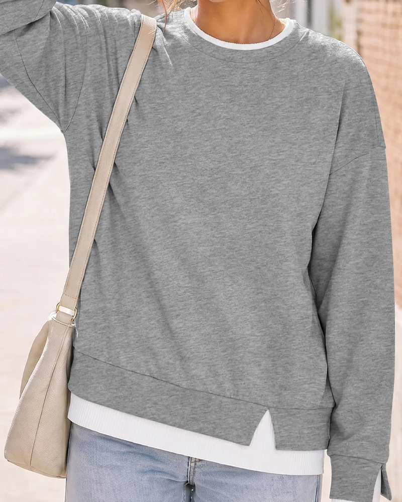 Oversized Patchwork Drop Shoulder Sweatshirt Fake Layered Crew Neck Top