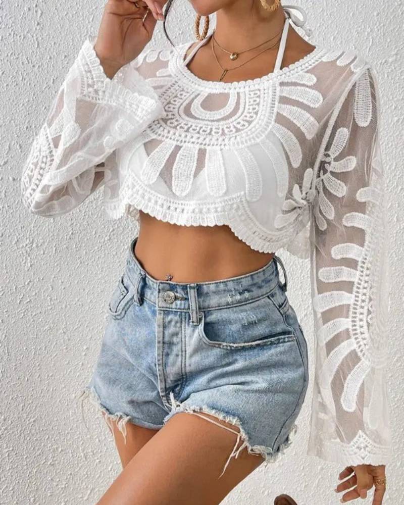 Floral-Embroidered Semi-sheer Long Sleeve Round Neck Cover-Up