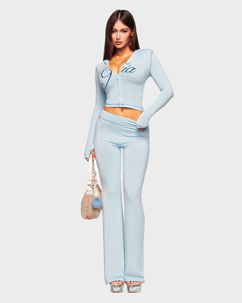 Letter Print Zip Up Cropped Hoodie  & Low Rise Flare Leg Pants Set