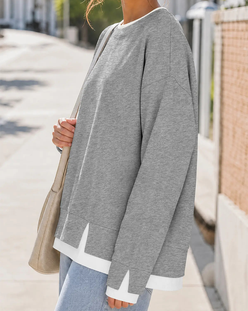 Oversized Patchwork Drop Shoulder Sweatshirt Fake Layered Crew Neck Top