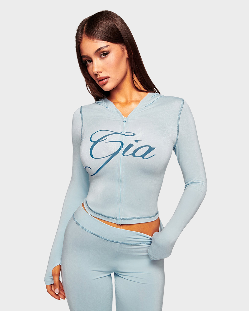 Letter Print Zip Up Cropped Hoodie  & Low Rise Flare Leg Pants Set
