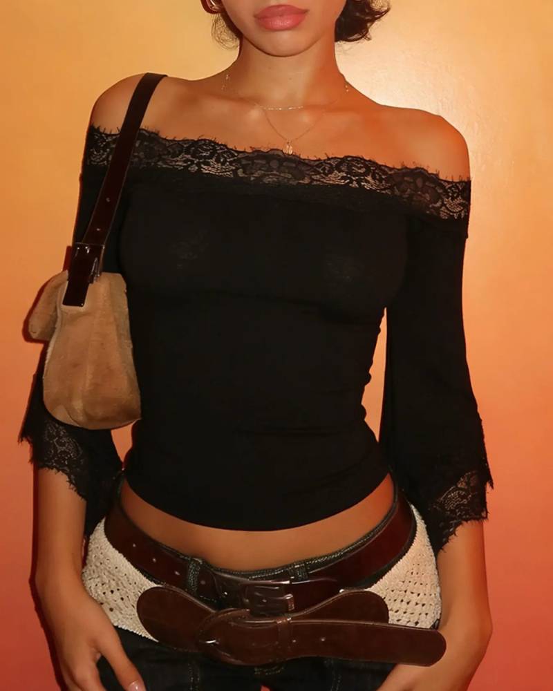Lace Panel Off Shoulder Flare Sleeve Backless Y2K Vintage Casual Black Top