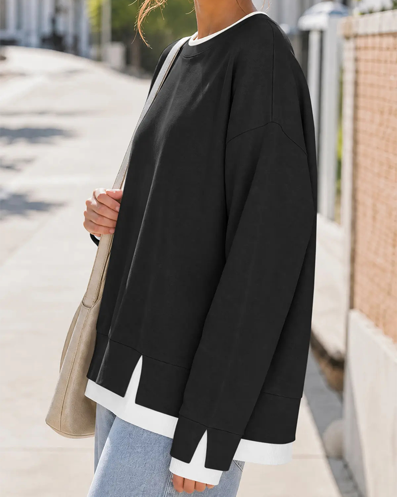 Oversized Patchwork Drop Shoulder Sweatshirt Fake Layered Crew Neck Top