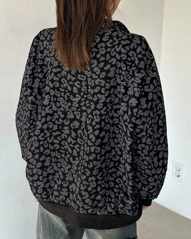 Leopard Print Oversized Half Zip Drop Shoulder Long Sleeve Casual Streetwear Top