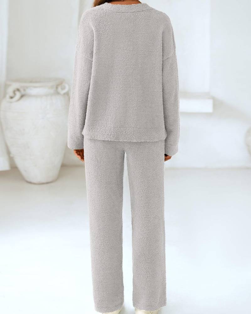 Soft Fuzzy V-Neck Sweater Pajama Set - 2-Piece Loungewear