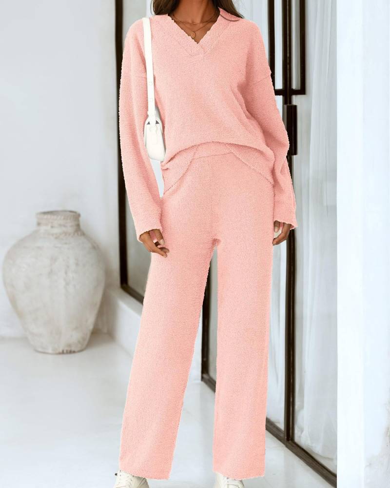 Soft Fuzzy V-Neck Sweater Pajama Set - 2-Piece Loungewear