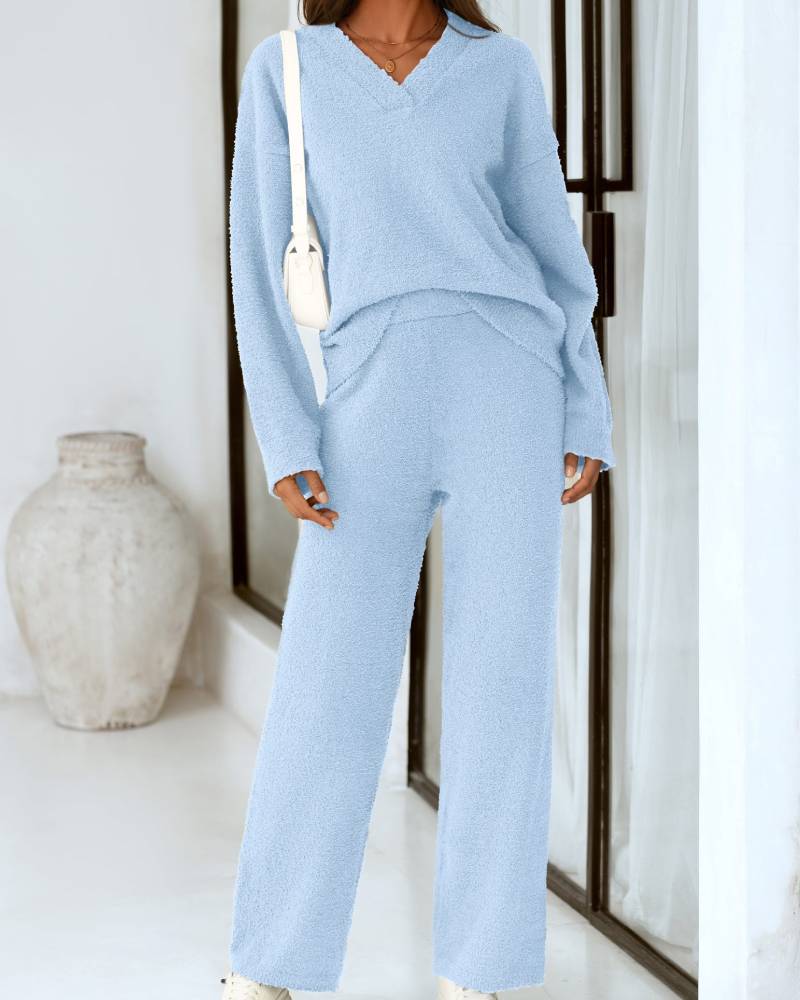 Soft Fuzzy V-Neck Sweater Pajama Set - 2-Piece Loungewear