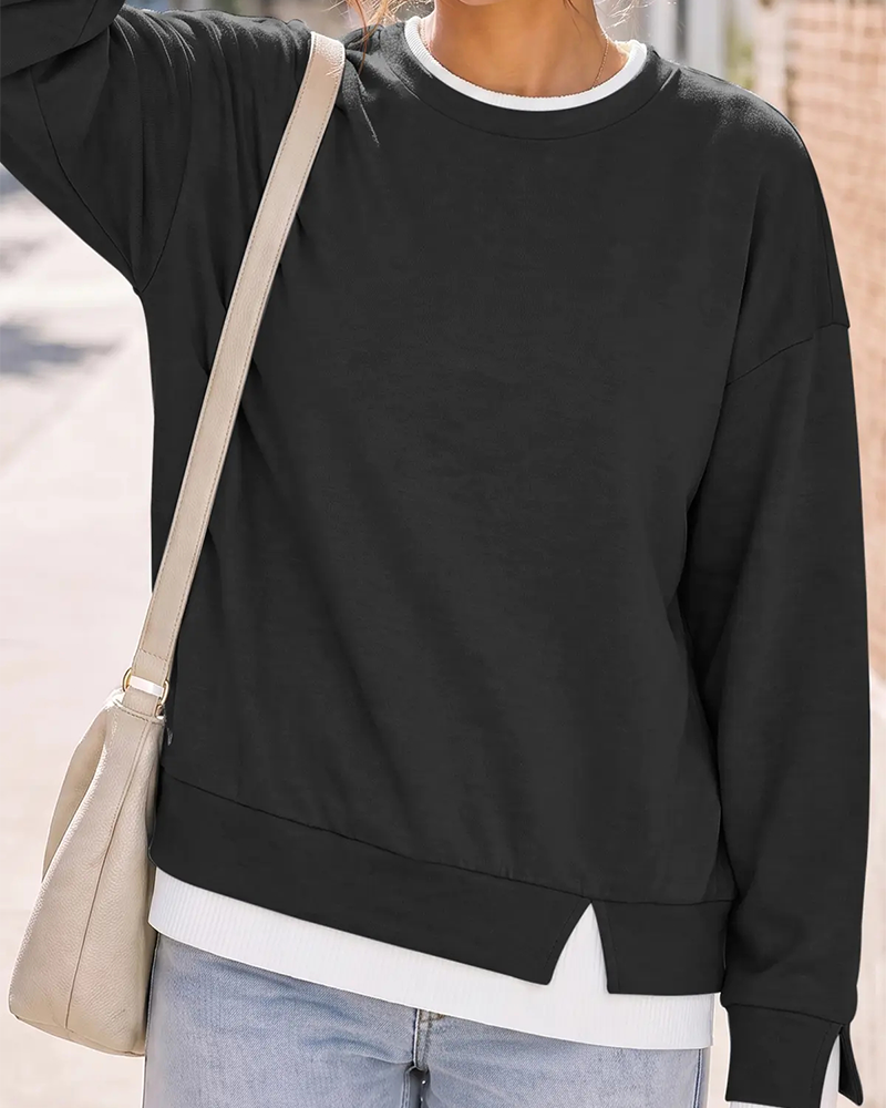 Oversized Patchwork Drop Shoulder Sweatshirt Fake Layered Crew Neck Top