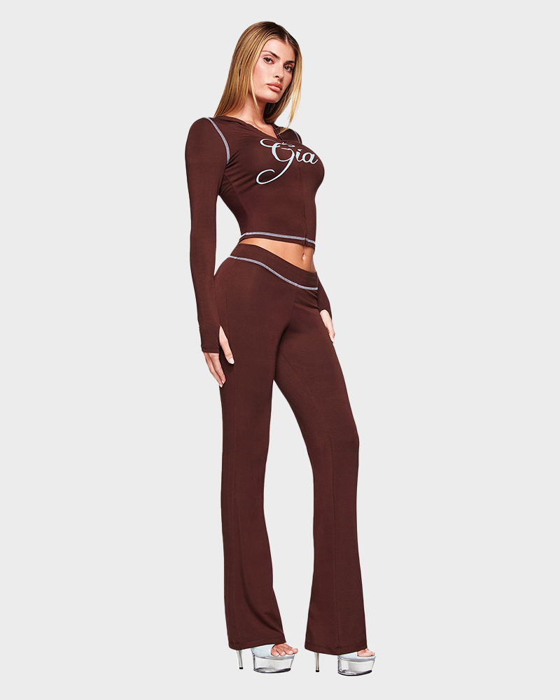 Letter Print Zip Up Cropped Hoodie  & Low Rise Flare Leg Pants Set