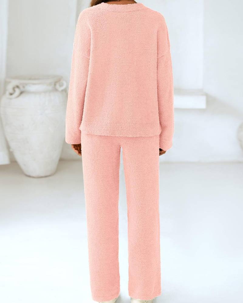 Soft Fuzzy V-Neck Sweater Pajama Set - 2-Piece Loungewear