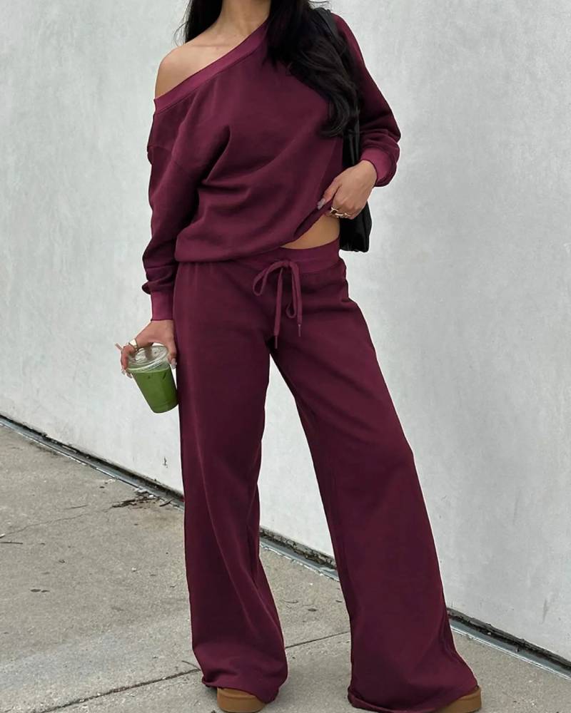 Women's Off Shoulder Long Sleeve Jumper & Pants Casual Fall Basic Sweatsuit 2 Piece Set