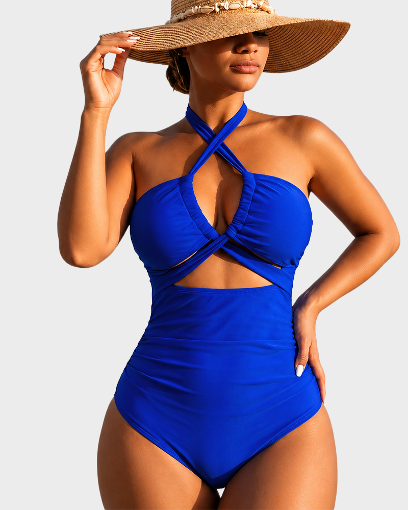 Deep V Cross Halter Cut Out Backless High Stretch Bodycon Swimsuit