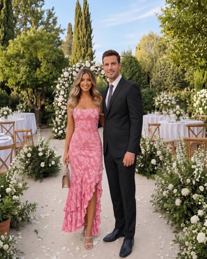 Floral Ruched Bodycon Mermaid Dress Square Neck Formal Wedding Guest Gown
