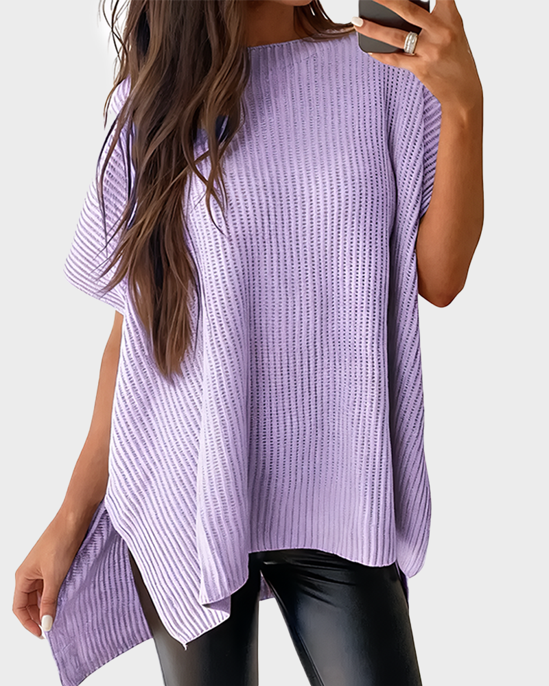 Summer Vibes Oversized Ribbed Crew Neck Knit Top with Side Slit