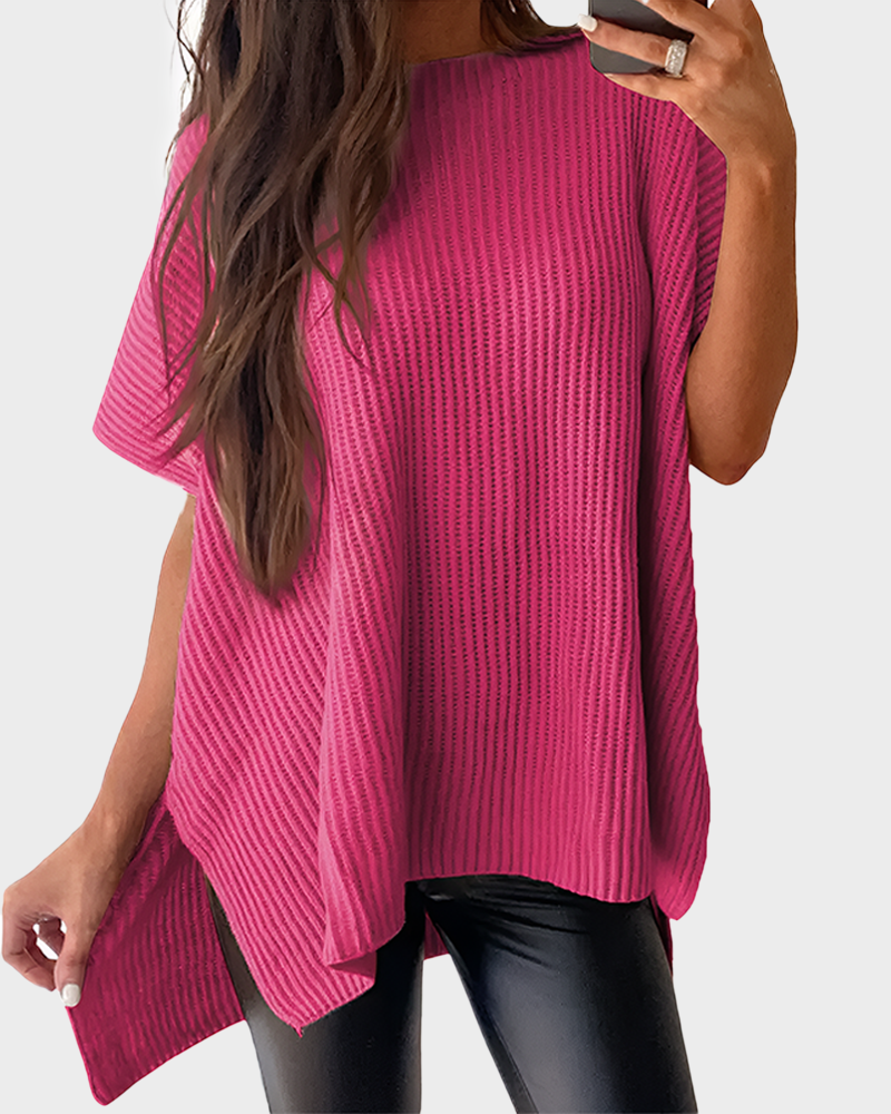 Summer Vibes Oversized Ribbed Crew Neck Knit Top with Side Slit