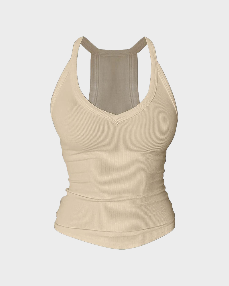 Women's V Neck Cotton Racerback Tank Top Built in Bra Sleeveless Fitted Cami