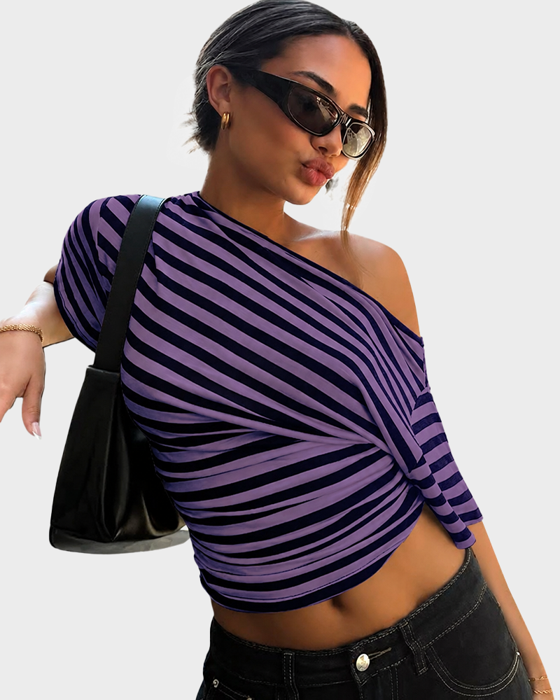 Asymmetrical One Shoulder Striped Asymmetrical Short Sleeve Top