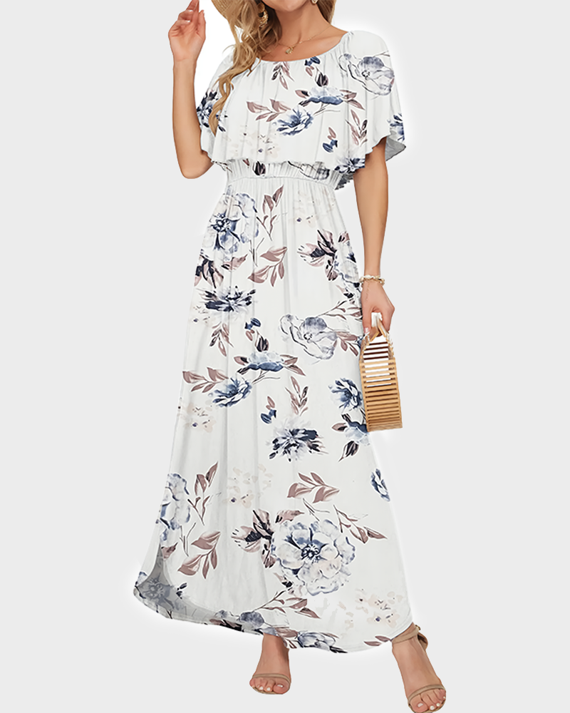 Women's Off The Shoulder Long Ruffle Maxi Dress with Pockets