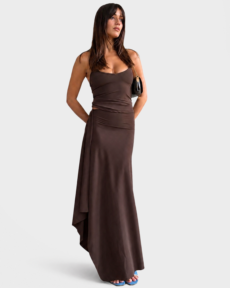 Women's Backless Tie Neck Cami & Side Split Skirt Ruffle Two Piece Set