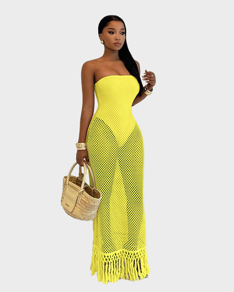 Summer Beach Crochet Mesh Fringe Fake Two Piece Strapless Vacation Cover Up