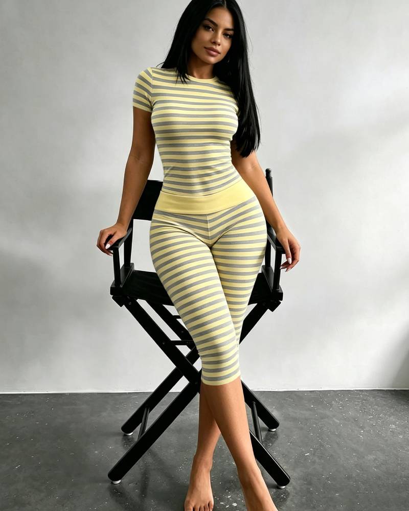 Striped Crew Neck High Waist Stretch Fitted Crop Top & Capri Leggings Lounge Set