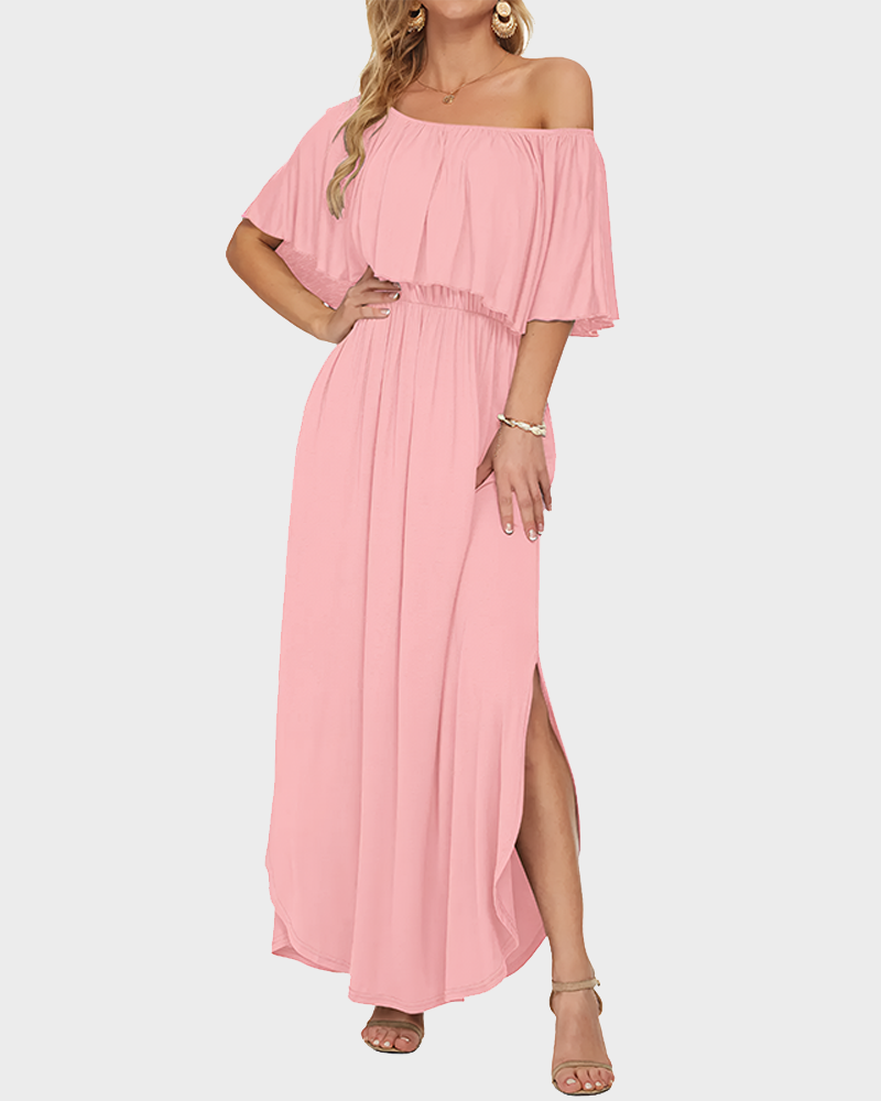 Women's Off The Shoulder Long Ruffle Maxi Dress with Pockets