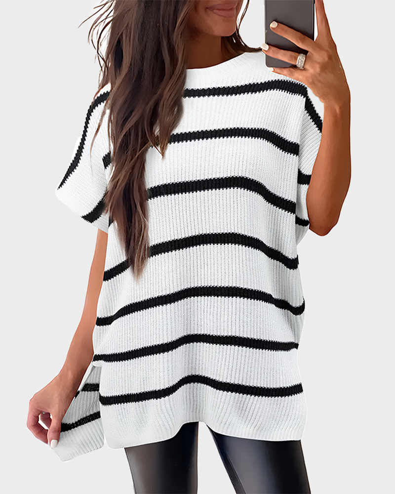 Summer Vibes Oversized Ribbed Crew Neck Knit Top with Side Slit
