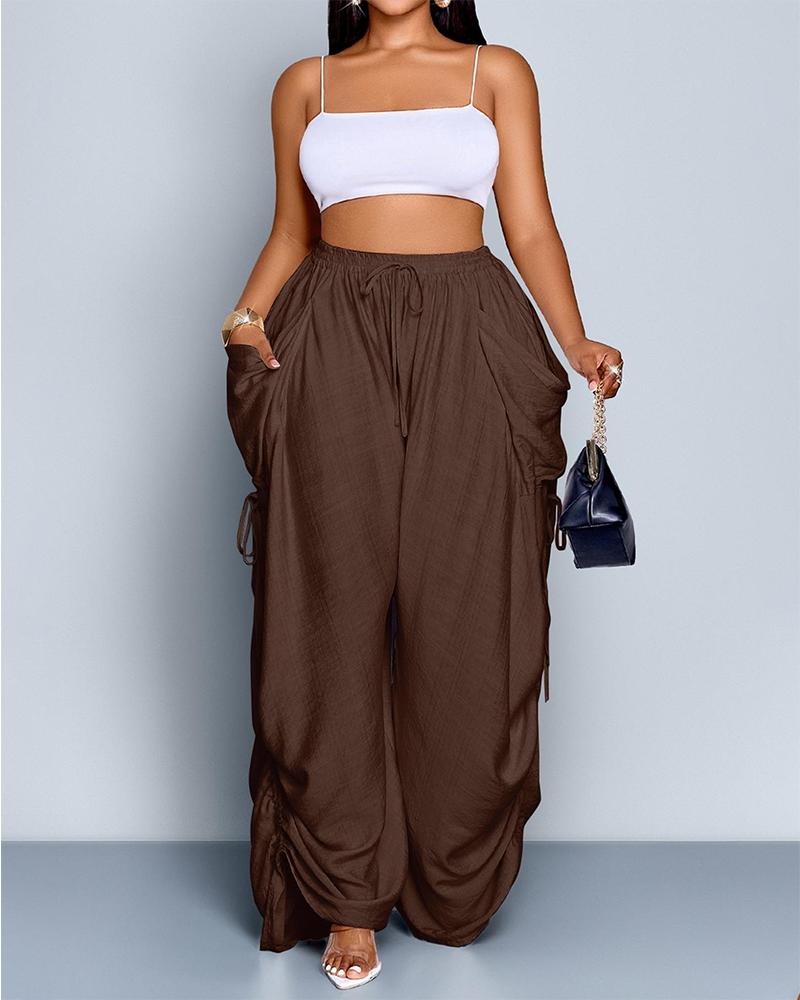 Women's Loose Fit Wide Leg Drawstring Pants Woven Plain