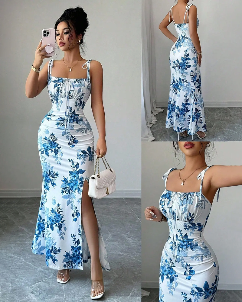 Fine Strap Bow Waist Floral Ruched Hem Slit Fitted Casual Slimming Elegant Dress