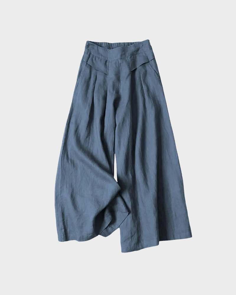 Cotton Linen Elastic Waist Wide Leg Culottes for Women with Pockets Capri Palazzo Pants