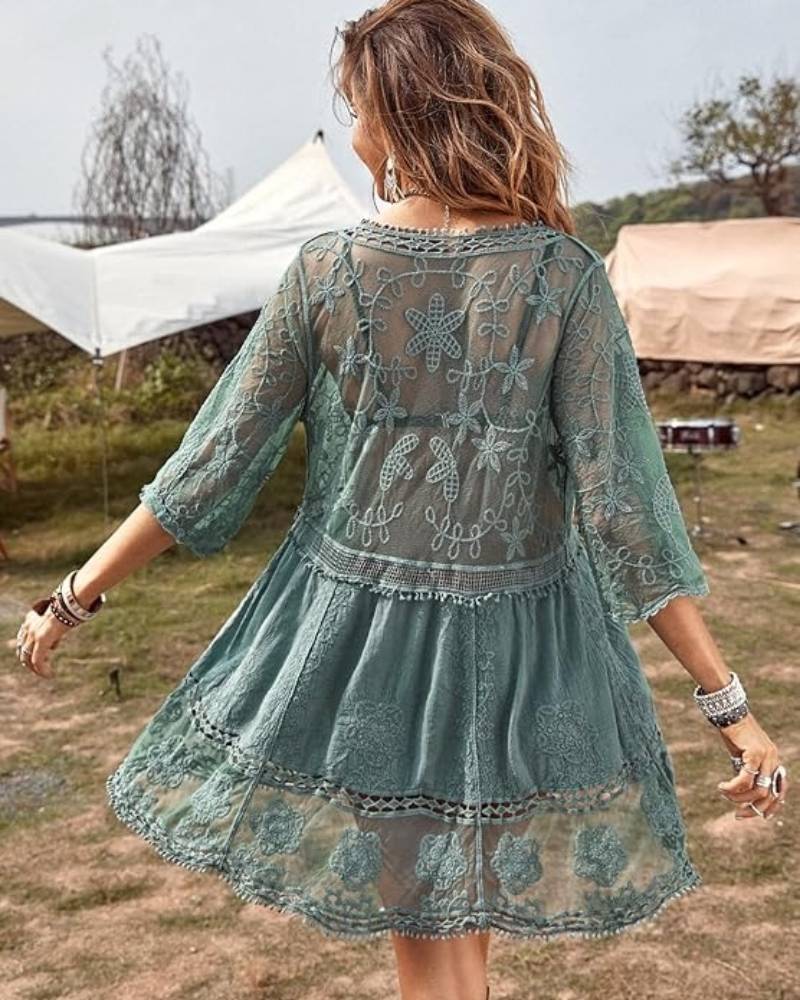 Women's V-Neck Lace Bathing Suit Cover Up Loose Swimwear Beach Dress