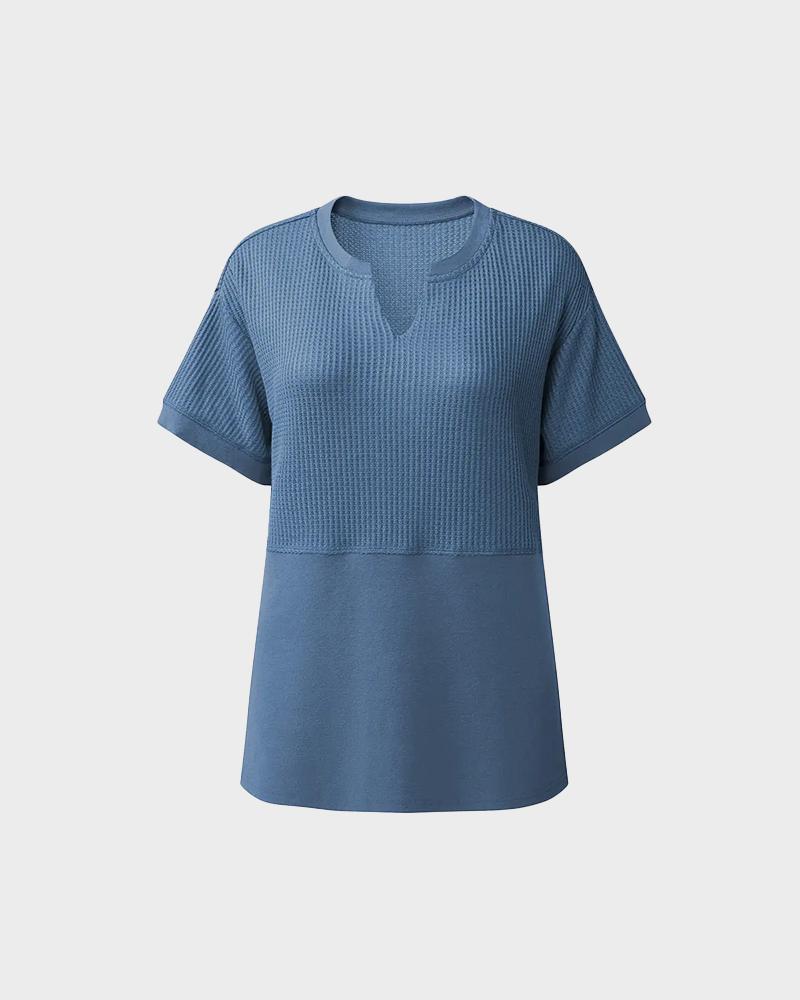 Waffle Knit V Neck Short Sleeve Tunic Soft Solid Minimalist Basic Plus Size Daily Top