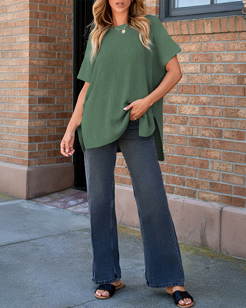 Summer Vibes Oversized Ribbed Crew Neck Knit Top with Side Slit