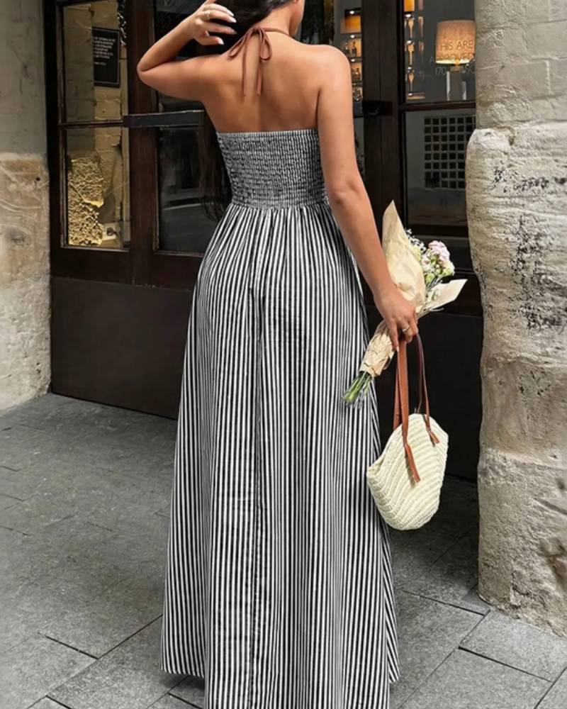 French Stripe Halter Dress Deep V Waist Cinch Color Block Floor Length Beach Dress