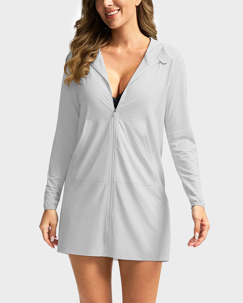 Women's UPF 50+ Crochet Hooded Long Beach Cover Up Bikini Jacket Lightweight