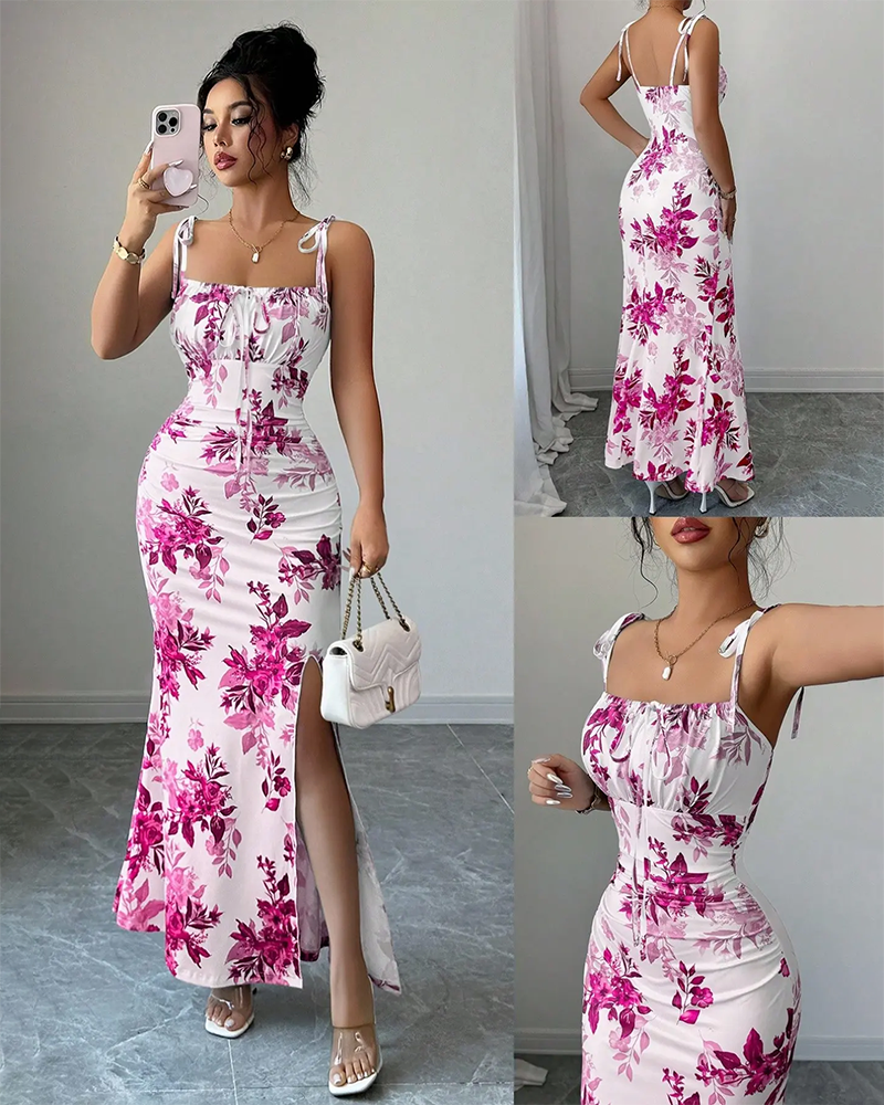 Fine Strap Bow Waist Floral Ruched Hem Slit Fitted Casual Slimming Elegant Dress