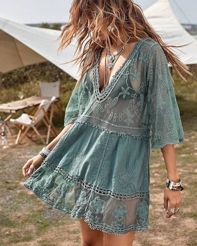 Women's V-Neck Lace Bathing Suit Cover Up Loose Swimwear Beach Dress