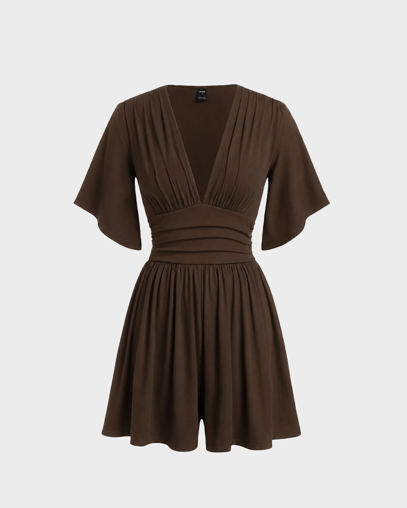 V Neck Bell Sleeve Ribbed Romper with Pockets Summer Jumpsuit