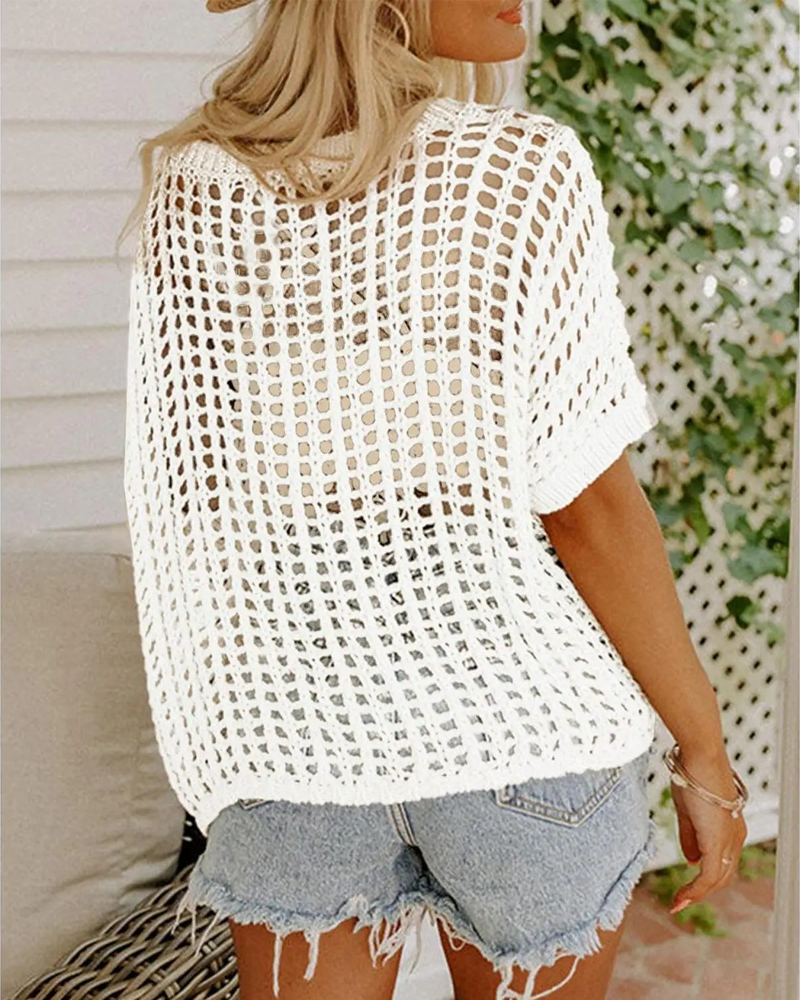 Scoop Neck Short Sleeve Crochet Hollow Out Knit Pullover Top Beach Coverup
