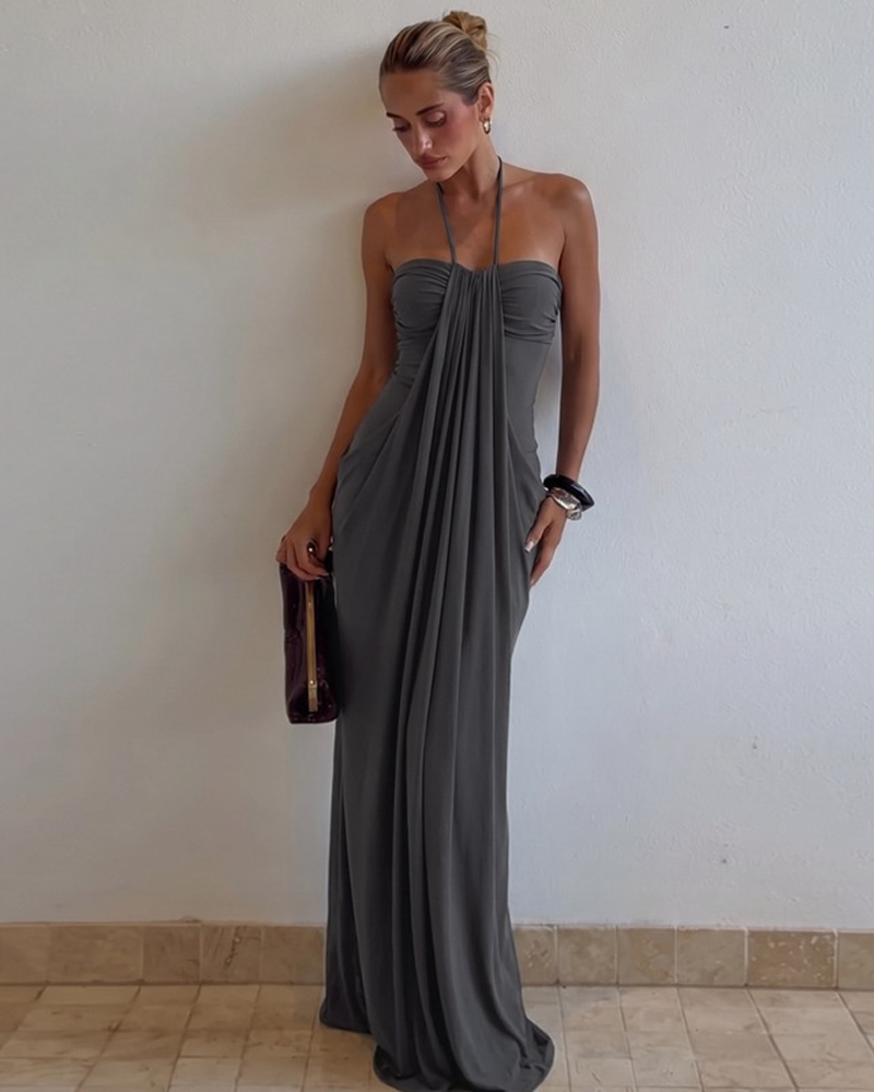 Strapless Halter Neck Sexy Backless with Pockets Tie Back Maxi Dress