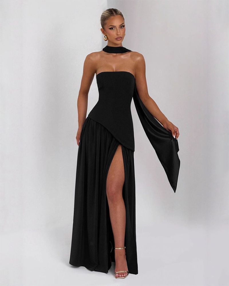 Women's Plain Split Thigh Strapless Bodycon Tube Dress