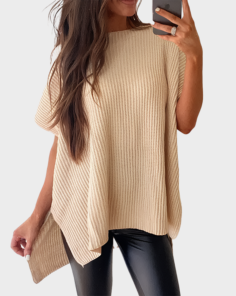 Summer Vibes Oversized Ribbed Crew Neck Knit Top with Side Slit