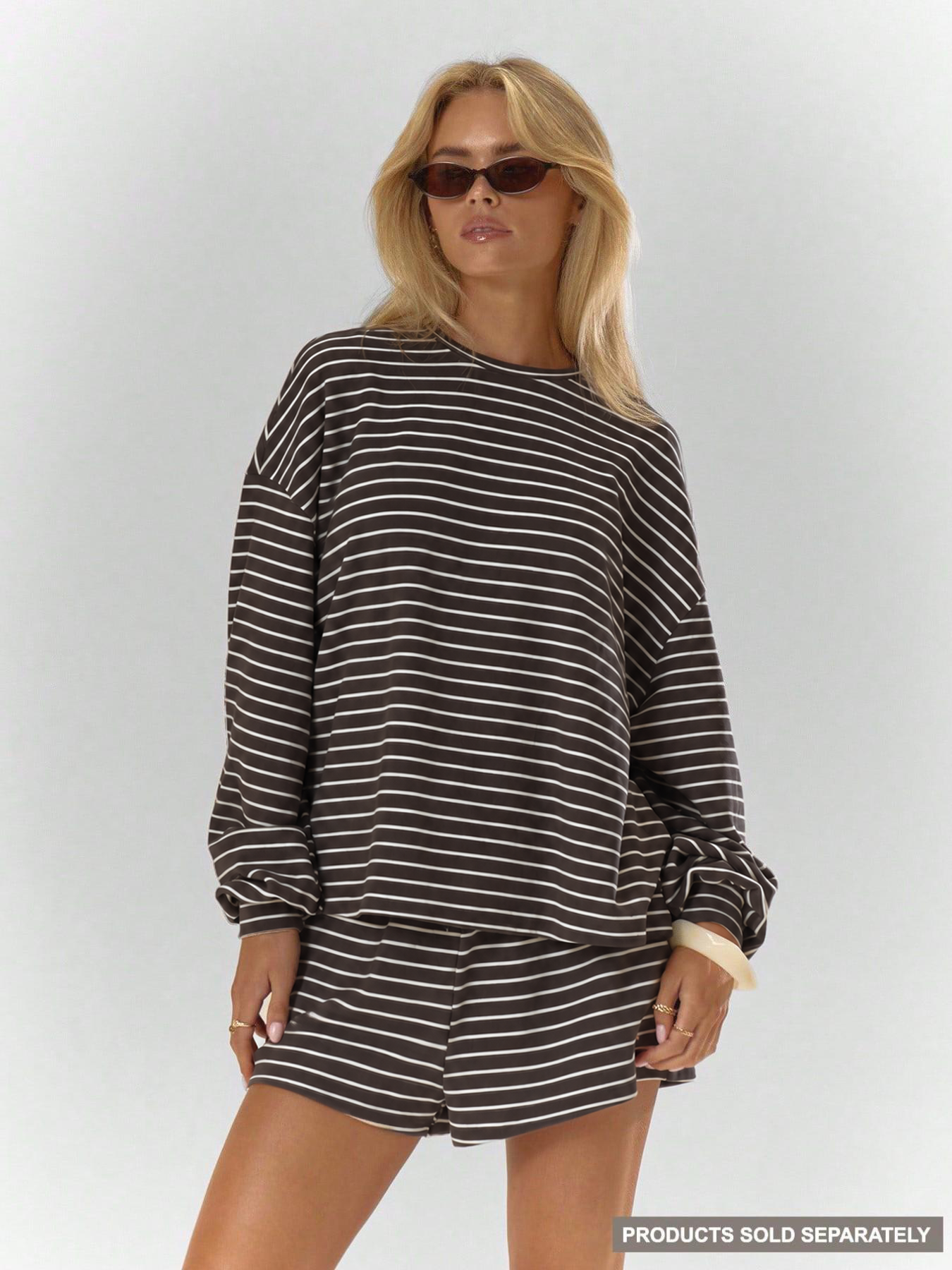 Striped Oversized 2-Piece Lounge Set – Long Sleeve Top & Pocket Shorts