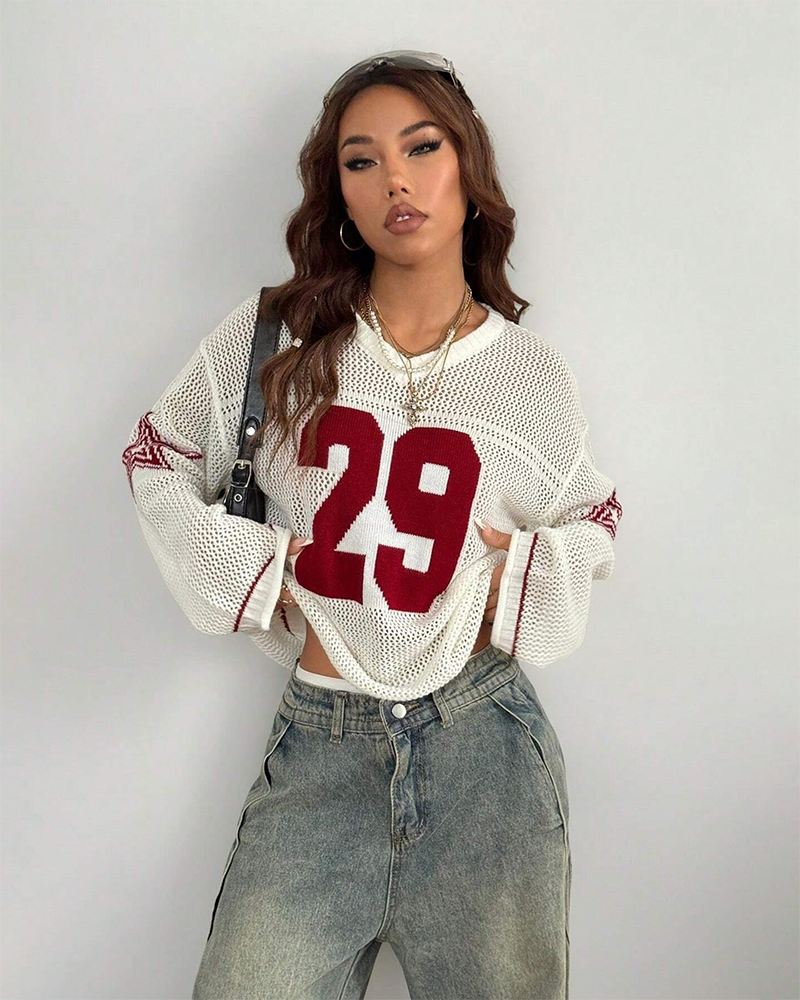 Hollow Football Y2K Long Sleeve Sweater Women's Streetwear Retro Casual Pullover
