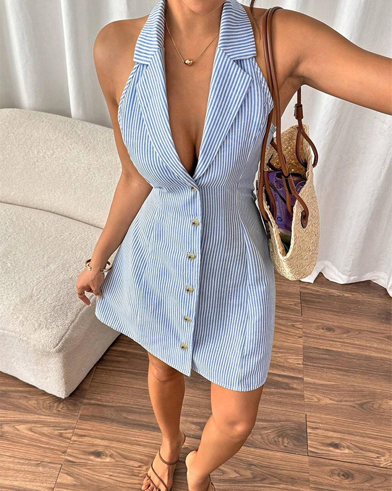 Striped Halter Short Dress Deep V Neck Single Button A Line Skirt