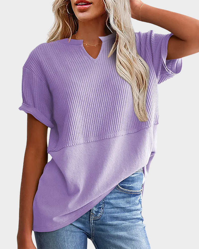 Waffle Knit V Neck Short Sleeve Tunic Soft Solid Minimalist Basic Plus Size Daily Top