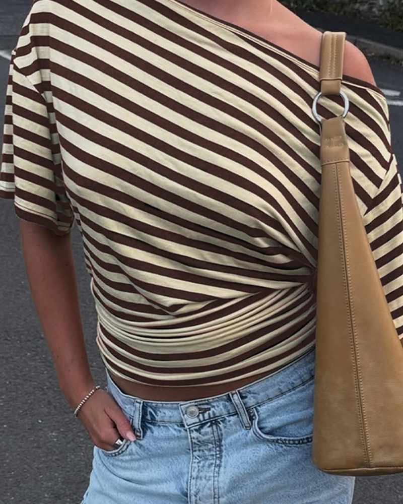 Asymmetrical One Shoulder Striped Asymmetrical Short Sleeve Top