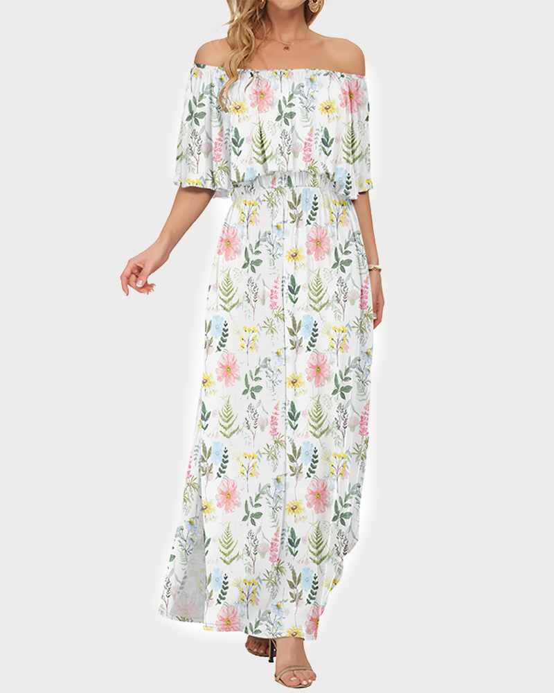 Women's Off The Shoulder Long Ruffle Maxi Dress with Pockets