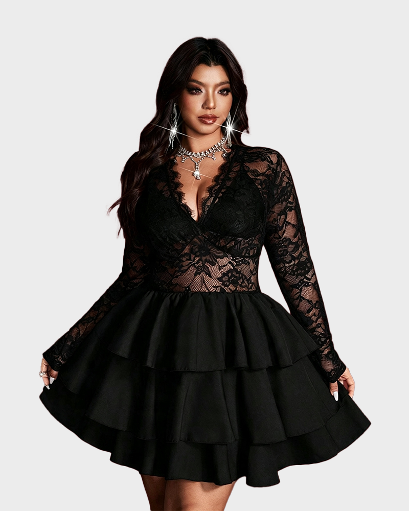 Plus Size Black Lace V-Neck Mini Dress Sheer Long Sleeve Tiered Skirt