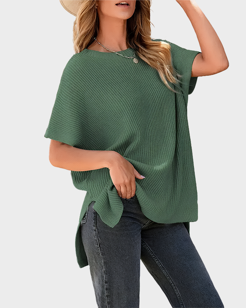 Summer Vibes Oversized Ribbed Crew Neck Knit Top with Side Slit